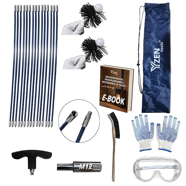 A pellet stove cleaning set with nine metres of flexible rods, nylon brushes, gloves, glasses and a bag