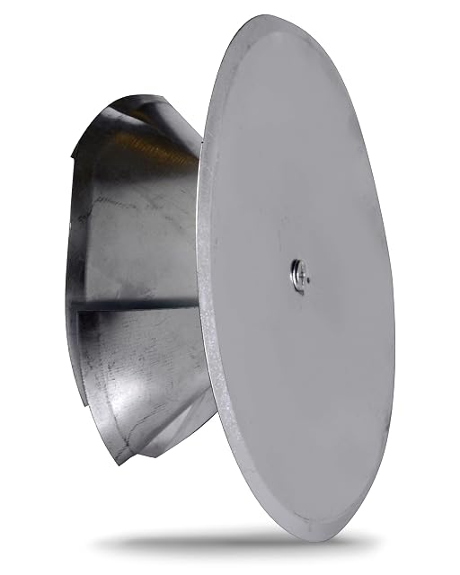 A silver galvanised chimney opening cover with an expanding funnel and insulation