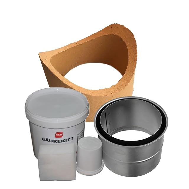 A chimney connection set with a fireclay stub, a wall sleeve, acid cement, a sponge and a measuring jug
