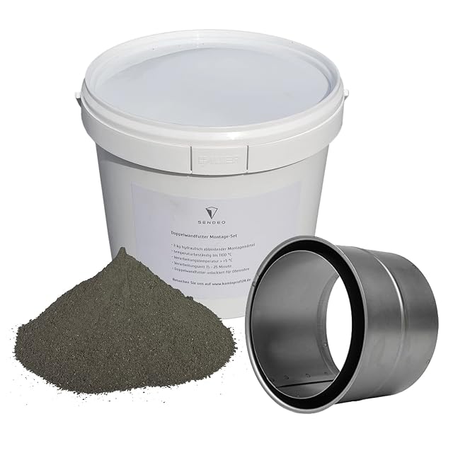 A bare twin-wall stove pipe sleeve of 150 millimetres with a bag of high-temperature mounting mortar