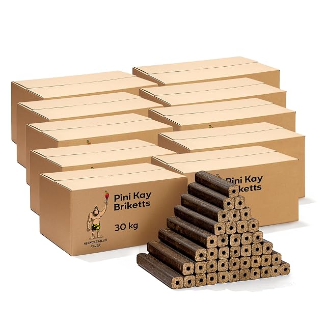 Cartons of 23 cm PiniKay hardwood briquettes of oak and beech, thirty-six blocks to a carton