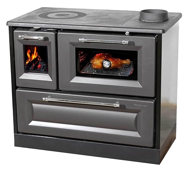 An anthracite wood cooker with a cast hotplate, oven with window and thermometer, rated 7.7 kilowatts