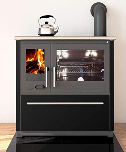 A black enamelled continuous-burning wood cooker with a large cast iron firebox and enamelled oven