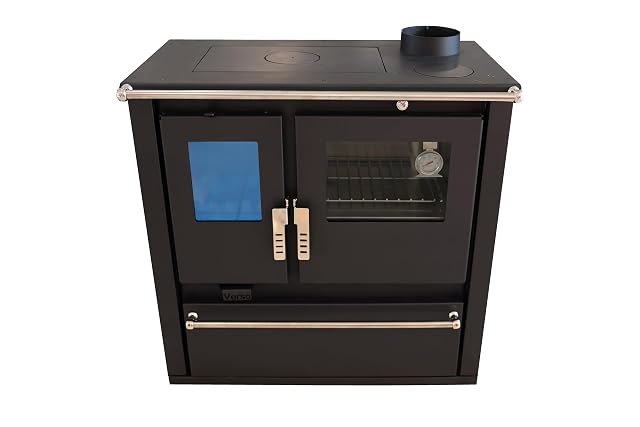 A stainless-fronted wood cooker with oven, thermometer and hotplate, rated 7.7 kilowatts