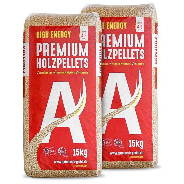 Two 15 kg sacks of Bavarian-made premium wood pellets certified to ENplus A1 and DINplus