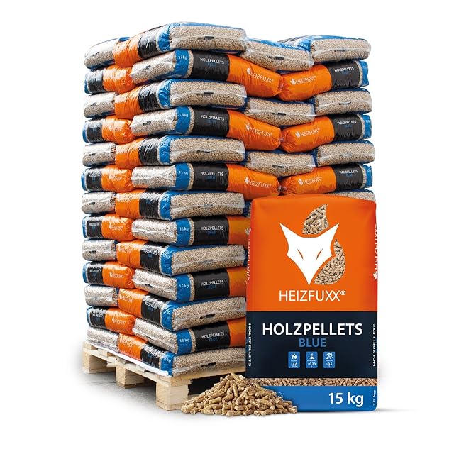 A 975 kg pallet of sixty-five 15 kg sacks of HEIZFUXX Blue ENplus A1 softwood pellets