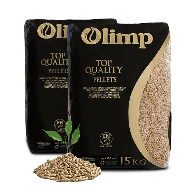 Two 15 kg sacks of Olimp premium 6 mm wood pellets in weatherproof packaging