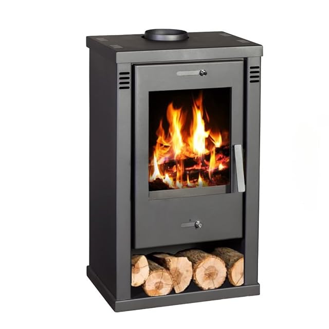 Graphite grey Balkan Energy Talon wood stove with an open log store beneath the firebox