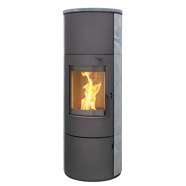 Round cast-grey Thermia München XL wood stove with soapstone cladding and a large curved glass door